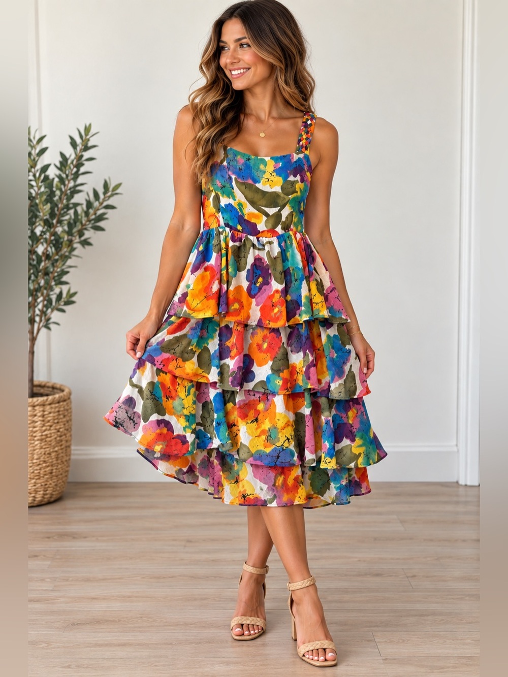 Colorful Floral Tiered Ruffle Midi Dress Braided Straps Women’s Small
